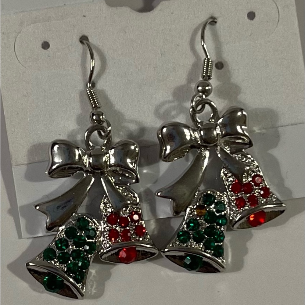 NWT Silver Bells with Red and Green Rhinestone Earrings